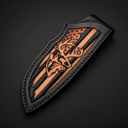 A black leather sheath featuring a detailed, hand-tooled or engraved copper-toned American flag design with a deer head and stars, shown on a dark background.