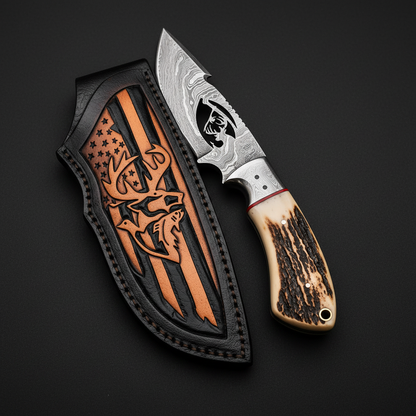 A fixed-blade knife with a patterned steel blade and a carved antler handle, displayed next to its black leather sheath featuring an engraved deer head and American flag design, set against a dark background.
